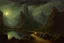 Placeholder: Cloudy Night, epic mountains, rocks, pathway, lake, epic rocky land, cosmic and inmaterial trascendent influence, introspective, epic, 80's sci-fi movies influence, pieter franciscus dierckx impressionism paintings