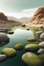 Placeholder: Draw me a lake with a mossy big stones in the desert