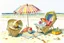 Placeholder: Two bright wicker armchairs on the sand of the beach, a colourful patchwork blanket thrown carelessly into one, hanging a little, a large straw hat with a large brim, a beach ball and a small sand shovel with a bucket on the floor. A few stray clumps of grass. Jean-Baptiste Monge style, S<AI watercolor and ink, intricate details, fantasy, beautiful, award winning, colorful, fantastic view, crisp quality, in sunshine