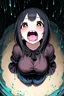 Placeholder: Closeup anime Girl goth with big eyes, fullbody, ragged clothes, slime rain, the perspective looking up from the bottom of an empty well, rolling eyes, tongue out, saliva drip, open mouth,