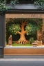 Placeholder: a retail window display that looks like it is inside a eucalyptus tree