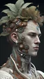 Placeholder: Complex 3d render ultra detailed of a handsome male porcelain profile face, biomechanical cyborg, analog, 150 mm lens, beautiful natural soft rim light, big leaves and stems, roots, fine foliage lace, colorful details, massai warrior, alexander mcqueen high fashion haute couture, pearl earring, art nouveau fashion embroidered, steampunk, intricate details, mesh wire, mandelbrot fractal, anatomical, facial muscles, cable wires, elegant, hyper realistic, ultra detailed, octane render