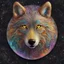 Placeholder: Image of a wolf made up of thousands of very thin glowing lines.Wolf is looking straight at the camera , Symmetrical image, Background is a colorful flowy swirls, golden lines, 3D, alcohol ink effects, sprinkle glitter, pearls, beads. Placed in a glass ball..