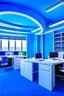 Placeholder: The office desks are hung on the walls in an oval shape, and the color of the walls is blue and the floor is white