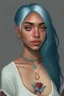 Placeholder: Young woman with big grey eyes, brown skin, rosy cheeks, long silver earrings, really long straight blue hair in ponytail, round face, slim body, big bobs, green shirt, red flower tattoo on collarbone,