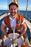 Placeholder: a cheerful sailor sitting on rum barrels aboard a sailing ship at sea, with the ship's steering wheel in the background