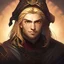 Placeholder: Character Portrait, Male, Grand pose, Blonde Hair, Killer Eyes, Headband on Forehead, Medieval Clothing, Short Goatee, Fitness, Long Black Pants, Medieval Hem, Dark Shadow, Intricate Eyeliner, Soft Round Eyes, Beads in Hair , 8k resolution, cinematic smooth and intricate details, vibrant colors, realistic details, masterpiece, oil on canvas, smoky background, D&D.