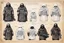 Placeholder: ConceptSheet blueprint [Jawa dwarf by Hans Ruedi Giger]: Star Wars Jawas aligned EDC unpacked equipment for the dunes and trade