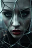 Placeholder: Close-up shot. A cracked pale face deep gaze dark makeup and lips figure through looking a fractured cracked glass pane, revealing glimpses of a surreal hightech cityscape. Hyperrealistic, sharp focus, intricate details, surreal style by Dali, Bosch, Kandinsky, beautifully shot. High contrast, cinematic, dark gloomy, atmospheric, moody. 64 megapixels, perfect compositi