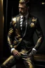 Placeholder: Luxurious black men's wedding suit patterned with white gold on the sleeves