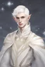 Placeholder: a young male elf, star constelation on his skin, short white hair, celestial white clothing, white eyes