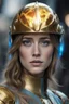 Placeholder: Dakota Johnson A commander with a golden helmet and eyes with flaming light blue pupils