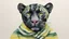 Placeholder: a watercolour panther wearing a striped neckerchief a green and yellow striped shirt