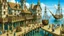 Placeholder: gothic medieval wooden harbour with piers and ships, people, shops, bridges, arches, balconies, taverns, blue sky