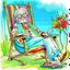 Placeholder: Whimsical drawing of a 70-year-old old lady dressed like a hippie from the 1960s, with a colorful headscarf covering her white headscarf, Yoko Ono-style sunglasses, a shirt with the symbol of the peace movement, floral long sleeves, sandals with red, green, blue striped socks Vesgol is relaxing in a rocking chair outside, holding a beer mug in one hand and a whiskey bottle in the other, next to her is a small table with a pile of empty beer bottles, Y. The peaceful setting includes a stunning vi