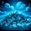 Placeholder: A cyan city in the sky at night made out of clouds designed in German folk art