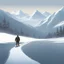 Placeholder: Large man pulling a sled in the far distance, snowy mountains, icy, realistic