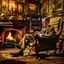 Placeholder: An English gentleman wearing a checkered tweed jacket, wearing slippers, sitting in a wing chair by the burning fireplace, listening to music emanating from an old gramophone, in the background an antique radio receiver standing on a dresser, a bookcase and an oil painting of Queen Victoria, realistic shot, taken indoors In yellowish light, nostalgic atmosphere, 12K