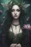 Placeholder: Dark green hair Water lilies long hair lotus night Fairy princess rapunzel hair queen crown dragonflies fireflies elven tiara flowers fairy wings gothic purple