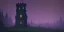 Placeholder: Ruined abandoned overgrown small castle tower in a dense coniferous forest, night, misty, atmospheric, fireflies