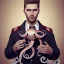 Placeholder: a masculine brunette gay austrian man with octopus plushie on head