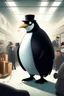 Placeholder: a penguin is an angry boss in a factory, atacking people.