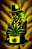 Placeholder: ((A cartoon cannabis logo 3 d )) ((Dresses like a mafia)) (((Sitting in a nightclub)) ((((There is a neon weed logo in the background, outlined on the outside in a golden color with an energy glow )))There is a lot of smoke
