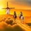 Placeholder: Don Quixote riding on a path in the Andalusian countryside a horse holding a long spear in his hand, followed by a donkey Sancho Panache, in the background a white windmill and a field of grasses and wild flowers, sunset time, ultra real shot, UHD, 12 K, wide angle shot, cinematic, shot , outdoor photography