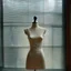 Placeholder: polaroid of a delicate, embroidered display mannequin behind a window