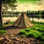 Placeholder: retro tent on the ground on the shore of a lake
