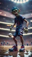 Placeholder: full figure portrait of a giant dunking basket player vampire werewolf goblin gremlin with soccer boots on wet soil in front of dome court, in the style of Gorillaz,bokeh like f/0.8, tilt-shift lens 8k, high detail, smooth render, down-light, unreal engine, prize winning