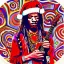 Placeholder: hippie JIMI HENDRIX Santa playing electric guitar, psychedelic, peace sign, MUSHROOMS, TRIPPY, ACID, LSD, dreadlocks