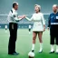 Placeholder: Hillary Clinton in a referee jersey officiating for a soccer match at Wembley Stadium