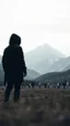 Placeholder: A field of random people at the end of the picture gray background an giant dark shadow of a hooded figure standing in under blurry , a huge mountains in the background cinematic, 8k
