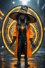 Placeholder: Mushroom sacred geometry framed dinner plate, black, yellow and orange neon cyber punk dancer thief in soaked rain coat and cowboy witch hat shadows boss card in the style of Giger and fallout 4 ,,bokeh like f/0.8, tilt-shift lens 8k, high detail, smooth render, down-light, unreal engine