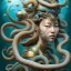 Placeholder: Sango fantasy, fantasy magic, intricate, sharp focus, illustration, highly detailed, digital painting, concept art, matte, art germ and Paul Lewin and Kehinde Wiley, masterpiece Japanese lady head bronze octopus' Asian African girl nice breast Thai hair turquoise silver blue under water