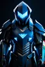 Placeholder: neon blue, floating parts of armor in form of light triangles, cyber armor, geometric patterns on armor, male, orbiting triangle