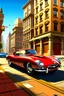 Placeholder: 1961 Jaguar E-Type (XKE) cartoon style, 1950 setting, downtown street