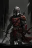 Placeholder: A clone of a Mandalorian Gladiator wearing dark crimson and black Beskar armor, which is battle worn from combat. He wields dual vibroblades.