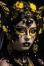 Placeholder: Beautiful faceced young girl, adorned with vantablack decadent goth black and yellow orchid headdress ribbed with yellow opal, black onix pearls diadem, wearing lace ribbed with black obsidian pearls and yellow opal mineral stone decadent gothica metallic filigree foral ornate half face masque Golden and black colour gradient makeup on, wearing vantablack gothica decadent leather jacket ribbed with yellow opal embossed floral lace ornament extremely detailed hyperrealistic maximalis portrai