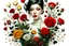 Placeholder: A full portrait of a beautiful colorful roses bouquet in a vase, Van Gogh Style, within frame, facing frontal, with very detailed red machine components, white background, cream color background, bright background landscape, ornate, intricate, complex, highly detailed, digital painting, smooth, art by tom bagshaw, akihiko yoshida, highly detailed, realistic, Van Gogh.