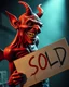 Placeholder: A realistic ghoulish laughing devil leaning forward at an angle as if over someone's shoulder, facing right, holding a large sign that says "SOLD" in clear letters. No humans, no extra subjects, cinematic horror lighting.
