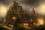 Placeholder: medieval fantasy poor village, rainy, stormy, dark, market, tavern, dirt path, lightning, misty