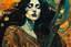 Placeholder: create an abstract expressionist, highly ethereal, darkly magical illustration of a deeply sorrowful, woman with guitar, with highly detailed and deeply cut facial features, in the style of GUSTAV KLIMT, PABLO PICASSO, EDWARD BURNE-JONES, WILLIAM MORRIS, and KATHE KOLLWITZ combined with the comic art style of BILL SIENKIEWICZ and JEAN GIRAUD MOEBIUS, searing lines and forceful strokes, precisely drawn, boldly inked, and darkly colored