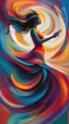 Placeholder: a dynamic and abstract portrayal of a woman dancing, surrounded by swirling colors and abstract shapes. Use bold brushstrokes and a vibrant color palette to convey the energy and movement of the dance