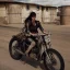 Placeholder: mad max woman on bike with watertank,fin line photo realistik