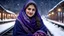 Placeholder: Hyper Realistic Photographic View Of A Beautiful Young Pashto Woman With Beautiful Eyes Lips & Nose (Wearing Beautiful Navy-Blue Frock With Purple Embroidery & White-Wool Shawl With Her Long Black Whirling In Air, Cold Breeze) Happily Sitting On The Bench & Smiling At The Village Railway Platform At Heavy Snowfall Night Showing Dramatic & Cinematic Ambiance.