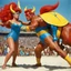 Placeholder: (1960’s stop-motion animation style of las reinas del combate en el suelo in Mexico) Two fierce rivals, one woman with fiery red hair clad in a bold yellow swimsuit, a bull guy in striking blue, engage in a brutal and exhausting battle on the mat. Each move they make is crucial, every shift in advantage a dance between victory and defeat.
