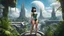 Placeholder: Photorealistic, Full Body Photo Of A Sci-Fi Pin-Up Girl, With Dark Hair and bangs, On An Alien sci-fi jungle Planet With Cloud Trees, Tall Spires, Buildings, Bridges, Arches