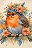 Placeholder: This enchanting, extremely detailed watercolor features a 3/4 closeup portrait of a vibrant Robin, adorned with flowers and a foliage crown, setting on a branch against a heavily textured beige background. nature and whimsy in a botanical style. The piece boasts warm orange and cool blue hues. .